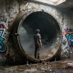 person standing in edge of large round sewer pipe in wall by floor, graffiti on walls, damp, sludgy, yukky, natural light, dramatic, misty, cinematic lighting, fantasy, sharp focus, concept art, octane render 4 k, artstation, by greg rutkowski