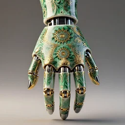 complex 3 d render of a beautiful porcelain fractal steampunk robot hand. green gold and black and white, fractal veins. dragon cyborg, 1 5 0 mm, beautiful natural soft light, rim light, gold fractal details, fine lace, mandelbot fractal, anatomical, glass, facial muscles, elegant, ultra detailed, metallic armor, octane render, depth of field