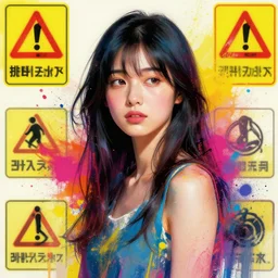 portrait of a beautiful japaneses model, digital art, concept design, colourful spray paint splatters, health and safety decals, cinematic, deep impasto