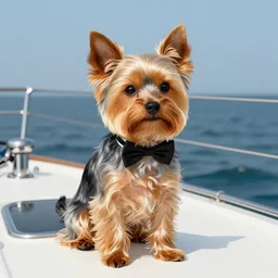 a Yorkshire terrier wearing a black bow tie on a yacht, extremely detailed masterpiece, illustration, by Michael Sowa,