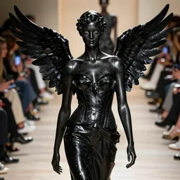 beautifully lit portrait photo of extremely beautiful female statue made out of black marble with glossy crow wings on her back, the statue is wearing avant garde comme de garcon haute couture, alyx 1 0 9 7 9 sm, latext, neoprene, nylon, matthew williams, givenchy, balenciaga, yohji yamamoto, japanese avant garde fashion, fashion, paris, runway, collection, beautifully lit, glossy, hd, 4 k, 8 k, extremely clear focus, sharp, award winning fashion photograph