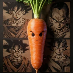 a photo of a carrot, carrot vegetable fusion with goku from dragon ball's face on the carrot, dramatic lighting, shaded lighting poster by magali villeneuve, artgerm, jeremy lipkin and michael garmash, rob rey and kentaro miura style, trending on art station