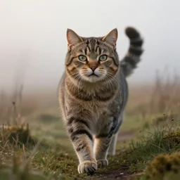 epic professional digital portrait art of a smiling  anthropomorphic cat on a morning stroll along the misty moors, best on artstation, cgsociety, wlop, Behance, pixiv, astonishing, impressive, outstanding, epic, cinematic, stunning, gorgeous, concept artwork, much detail, much wow, masterpiece.