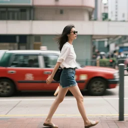 a chinese girl walking very fast in hong kong