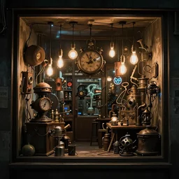 steampunk shop window by junji ito, darkness, neon lights, photo realistic, completely filled with interesting oddities, things hanging from ceiling, light bulbs, cinematic