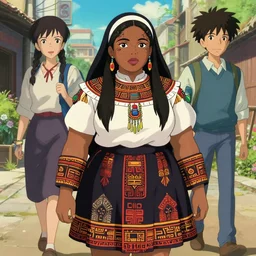 a beautiful! plus sized native women instagram model, brown skin, wearing catholic school girl outfit with mayan pattern and native style, aztec street fashion, gapmoe yandere grimdark, trending on pixiv fanbox, painted by greg rutkowski makoto shinkai takashi takeuchi studio ghibli, akihiko yoshida