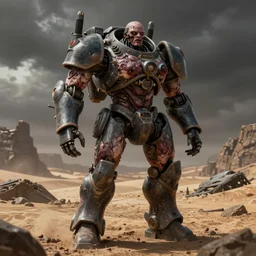 full body shot of a zombie heavy battlemech military with flesh, octane render, by kow yokoyama, hobby japan, stormy post apocalyptic desert, highly detailed, face detail, rob bottin, rick baker, jordu schell, artstation, cg society, soft illumination