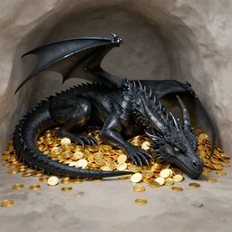 a black dragon, sleeping on a hoard of gold in it's den. a final fantasy splash concept watercolor artwork of far off lands by john avon | colored - pencil drawing by thomas cole, terese nielsen, and edvard escher guay, magical high - fantasy illustration, trending on artstation