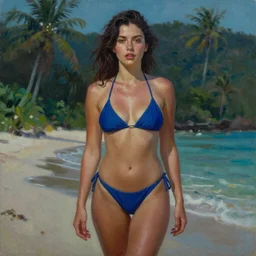 a sexy swimsuit photoshoot of a beautiful woman on a tropical beach, extremely detailed masterpiece, oil on canvas, low-key neon lighting, artstation, in the style of Sports illustrated swim suit edition, Roger Deakin’s cinematography