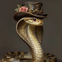 portrait of a cobra, snake, python, with a big bushy beard, hat steampunk, floral!, intricate, elegant, highly detailed, ray tracing, digital painting, artstation, concept art, smooth, sharp focus, illustration, art by artgerm and greg rutkowski and alphonse mucha, 8 k