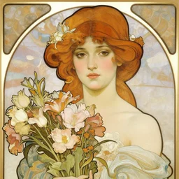 woman with a flower bouquet instead of a head by alphonse mucha