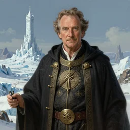 robin williams as a sorcerer, mage tower far away, glacier landscape, d & d, fantasy, intricate, elegant, highly detailed, digital painting, artstation, concept art, matte, sharp focus, illustration, art by hayao miyazaki