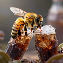 wide angle shot of a queen bee drinking dr pepper, hd, volumetric lighting, 4 k, intricate detail, by jesper ejsing, irakli nadar