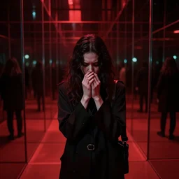 a dark mind in a nightmare is aware of betrayal sadness and despondency of a schizophrenic in a red hyper mirror maze room