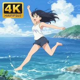 an anime girl jumping into the sea, 4k anime style