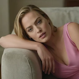 margot robbie wearing a pink dress and leaning on a sofa, cinematic, detailed face, highly detailed, award winning photograph