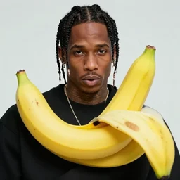 travis scott riding a banana, realistic, sharp focus, ultra high details, 8 k, hd, sharp, detailed face
