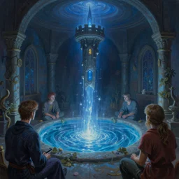 wizard tower with magic pool of seeing in the center of the room. blue light from the pool lights up the room. - jeff easley, brom, greg rutkowski, craig mullins, realistic painting highly detailed