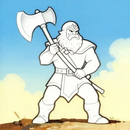 line drawing of a fantasy dwarf fighter with a huge iron axe, sunny day, matte painting, bold shapes, hard edges, 7 0 s dungeons and dragons book cover art by greg irons, dave sutherland