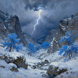 a beautiful oil painting of a rocky valley covered in snow, trees with blue leaves, thunderstorm in the sky, blue lighting, gloomy, atmospheric lighting, detailed, by greg rutkowski, trending on artstation