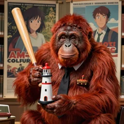 rendering of red orangutan as clerk holding lighthouse toy as baseball bat, library interior background, travel poster artwork by michael whelan and tomer hanuka, high contrast, full of details, by makoto shinkai and thomas kinkade, matte painting, trending on artstation and unreal engine
