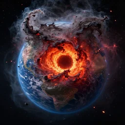 earth imploding, highly detailed, atmospheric, nebula, debris flying, magma, black hole, magma