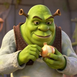 a dramatic cinematic shot of shrek eating an onion, 8 k, ultra - realistic