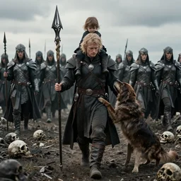 odin with huggin and munning on his shoulders walking through the sea of death, followed by the valkyries army. he is holding gungir in his right hand, 6 0 mm portrait photo