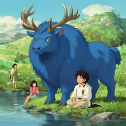 a Young arikara boy sits with a massive fluffy blue elk-horned mythical beast by a tranquil stream. Concept art by Hayao Miyazaki and Audrey Kawasaki and Laurie Greasley, Victo Ngai, Andreas Rocha, John Harris