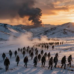 amazing landscape photo of a horde of zombies moving in nuclear fallout in snowy mountains at sunset by marc adamus beautiful dramatic lighting