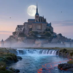 mont saint-michel rising up from the mist in the morning silhouetted by a single huge moon, crystal lake, waterfall, realistic, matte painting, unreal engine, 8k, wide angle, f12, butterflies, horses,  anders zorn, thomas kincade, trending on artstation, lava, dungeons and dragons, fun, happy