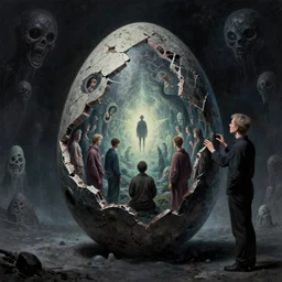 A very, very, very, very Cracked Cosmic Egg Full of People by Zdzisław Beksiński, caretaker, eldritch, cosmic horror, darkwave, concept by Alastair Reynolds