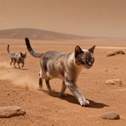 a alien cat walking on mars with another alien cat