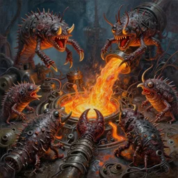 oil painting of disgusting year 4 0 0 0 varied filthy dentrivores inachidae clawing at wired molten yaw machinery by kelly freas, hyper detailed, radioactive, cinematic, panorama