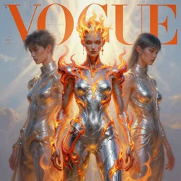 3 d, fashion model, flame, liquid silver, morning, sun rays, vogue cover style, poster art, hyper detail, intricate oil painting, multiple exposure, hell mood, 3 d, by tooth wu and wlop and beeple and greg rutkowski