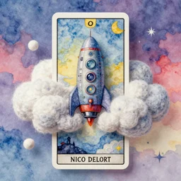 a watercolor art of spaceships in shape of wool felting clouds illustration by nico delort, solarpunk style, book cover, colorful background, 4 k resolution, high detailed, matte painting, tarot card style, character design