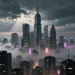 skyline of a busy futuristic cyberpunk city in the distance, with neon signs and lights, heavy fog, zdzislaw beksinski, wayne barlowe
