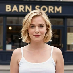 film still of brittany murphy standing outside a barm, short blonde hair, beautiful face, wearing shirt, realistic proportions, ink, black and white, illustration, cinematic compo, sition, lineart, clean lines, sean phillips