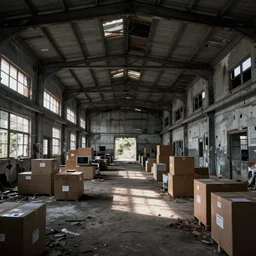 interior of abandoned warehouse full of boxes and concept art grey light by night