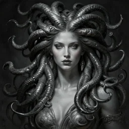 beautiful and dark portrait of medusa, unholy, intricate, highly detailed, dynamic lighting, digital art, digital painting, artstation, sharp focus, illustration, art by greg rutkowski and giger, 8 k