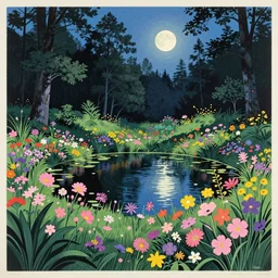 ( ( ( gediminas pranckevicius ) ) ), a pond in the forest, moonlight, flower garden summer morning, very coherent and colorful high contrast art by simon stalenhag james gilleard floralpunk screen printing woodblock, dark shadows, pastel color, hard lighting