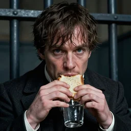 thomas shelby from the peaky blinders in jail eating bread and drinking water, in the style of Benjamin Bader, sharp, highly detailed, realistic face, digital art, epic, fantasy, artstation