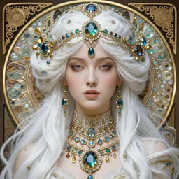 a highly detailed beautiful white haired woman, adorned with precious stones, intricate, by jeremy mann and alphonse mucha, 8 k resolution, trending on artstation, very very detailed, masterpiece, stunning,