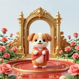 wide angle dynamic portrait of a chibbi dogon priest in a rose garden with a red pond and a golden ornate steampunk portal, amigurumi by mark ryden and todd schorr and mark davis and zdislaw beksinski in a surreal lowbrow style, digital paint, matte paint, vivid synthwave colors, breathtaking landscape, impressionist painting