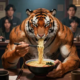 a commission of a muscular athropomorphic half human half tiger mutant eating ramen,digital art,art by greg rutkowski,charles bowater,ross tran,hyperdetailed,detailed face,photorealistic,professional lightimg,dramatic,cool,award winning,2022