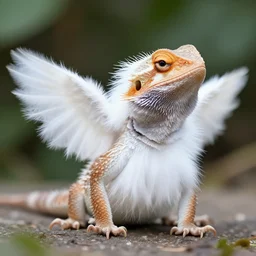 a cute winged lizard with long white fluffy fur