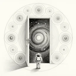 golden ratio, circles, squares, perfection, intricate, sublime, heavenly, doorway, detailed, pencil art, spirals, astronaut opening door that shows the universe illustrated by davinci