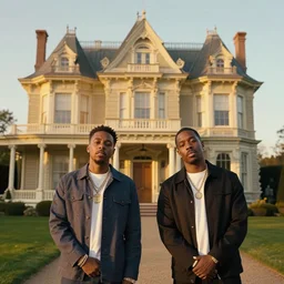 A photo of Tyler the Creator and ASAP Rocky in a Victorian Mansion by Wes Anderson, golden hour, 40 mm, cinematic