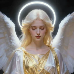 Closeup portrait of a glowing female angel, white light halo, white and gold robes, peaceful expression, by Artgerm, by Albert Edelfelt, matte painting, trending on Artstation
