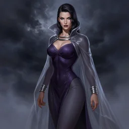 Full portrait of Electromancer , male, beautiful face, dark purple garments, grey robes, silver bracelets, transparent cloak from neck to ankles, pin-up, highly detailed, detailed face, storm background, smooth, sharp focus, digital painting, illustration, by by Albert Aublet, Krenz Cushart, WLOP and Sakimichan, artstation, chiaroscuro